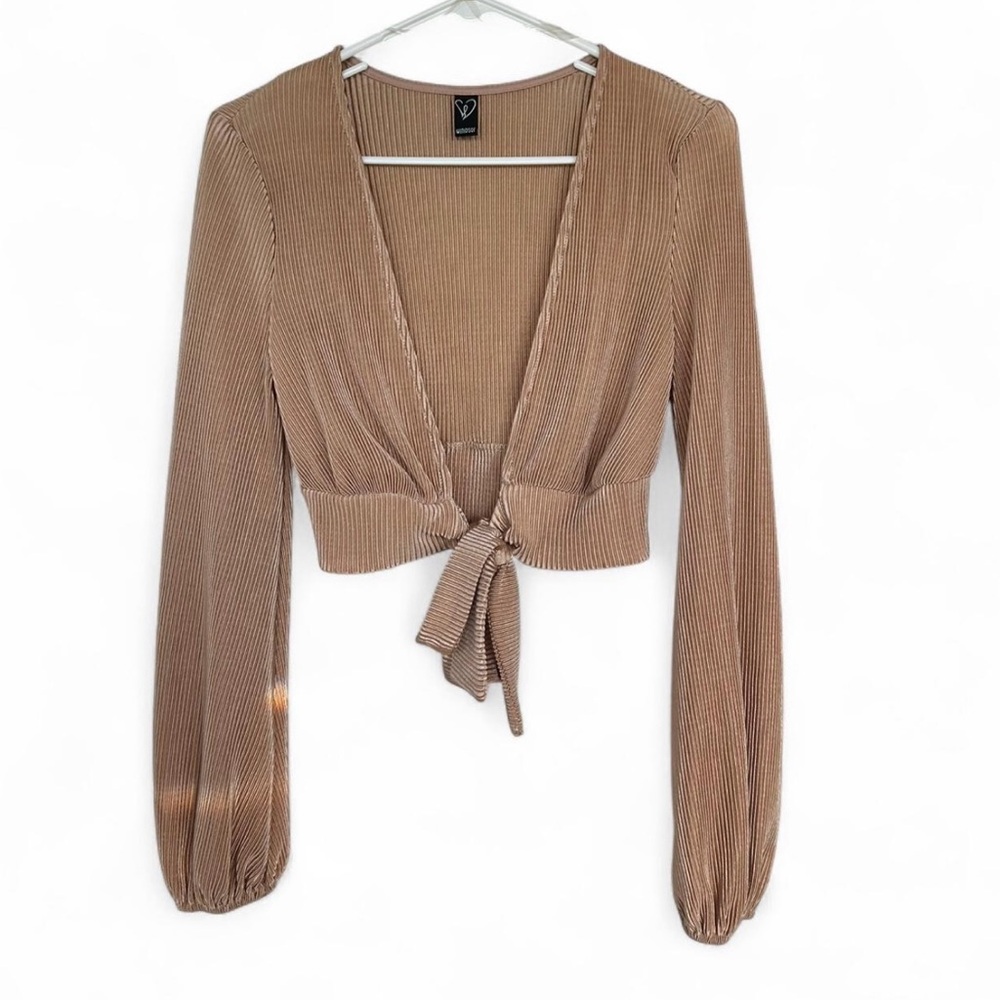 Windsor Brown Ribbed Tie-Front Crop Top (Sun Reflection on the sleeve)